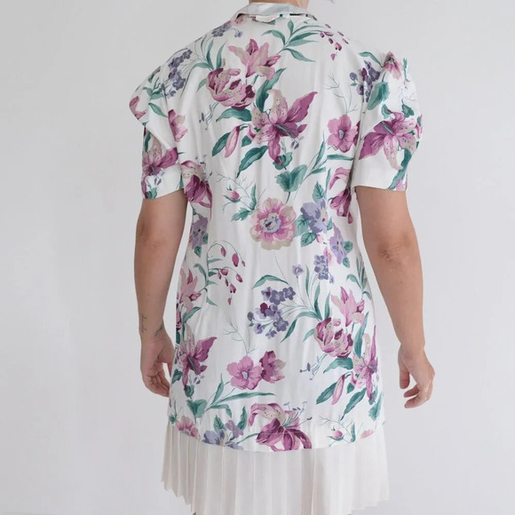 Vintage VIP Petites White w Purple  Floral Button Drop Waist Swing Dress 4 - Picture 3 of 10